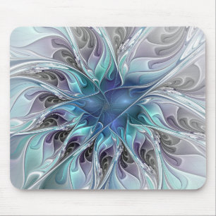 Flourish Abstract Modern Fractal Flower With Blue Mouse Mat