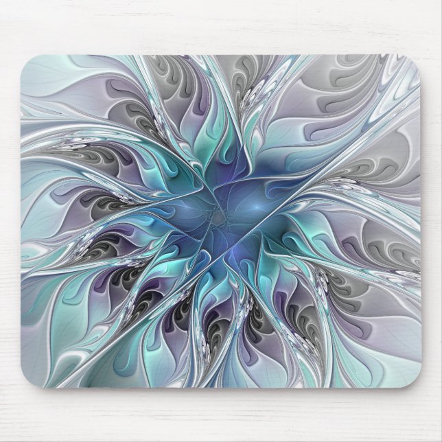 Flourish Abstract Modern Fractal Flower With Blue Mouse Mat (Front)