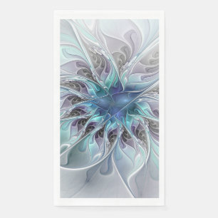 Flourish Abstract Modern Fractal Flower With Blue Napkin