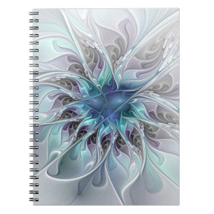 Flourish Abstract Modern Fractal Flower With Blue Notebook