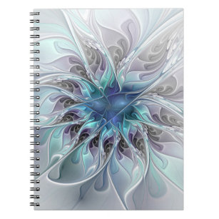 Flourish Abstract Modern Fractal Flower With Blue Notebook
