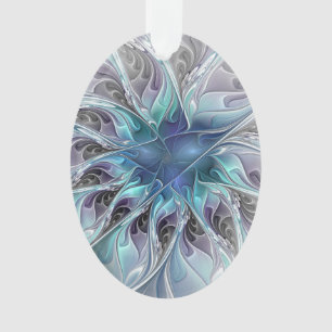 Flourish Abstract Modern Fractal Flower With Blue Ornament