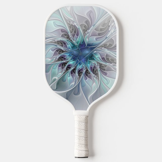 Flourish Abstract Modern Fractal Flower With Blue Pickleball Paddle (Front)