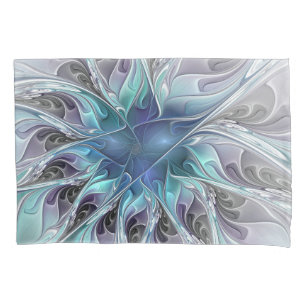 Flourish Abstract Modern Fractal Flower With Blue Pillowcase