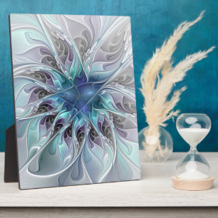 Flourish Abstract Modern Fractal Flower With Blue Plaque