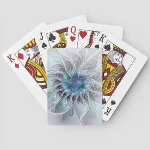 Flourish Abstract Modern Fractal Flower With Blue Playing Cards