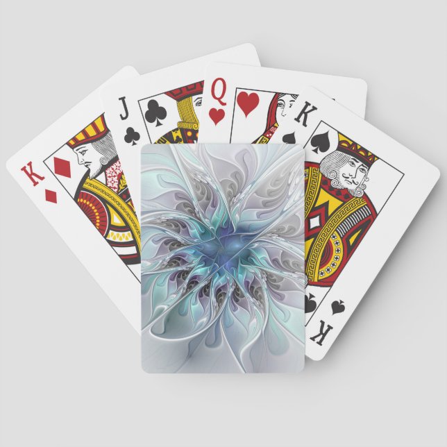Flourish Abstract Modern Fractal Flower With Blue Playing Cards (Back)