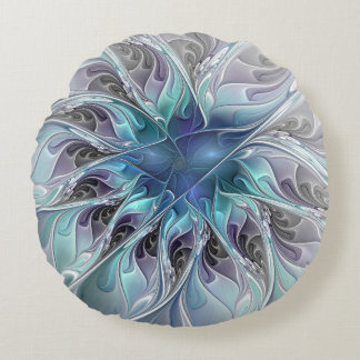 Flourish Abstract Modern Fractal Flower With Blue Round Cushion