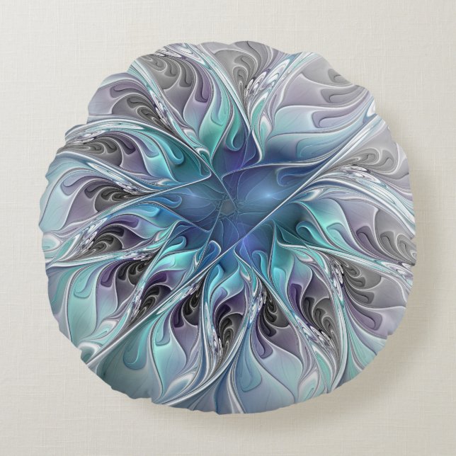 Flourish Abstract Modern Fractal Flower With Blue Round Cushion (Front)