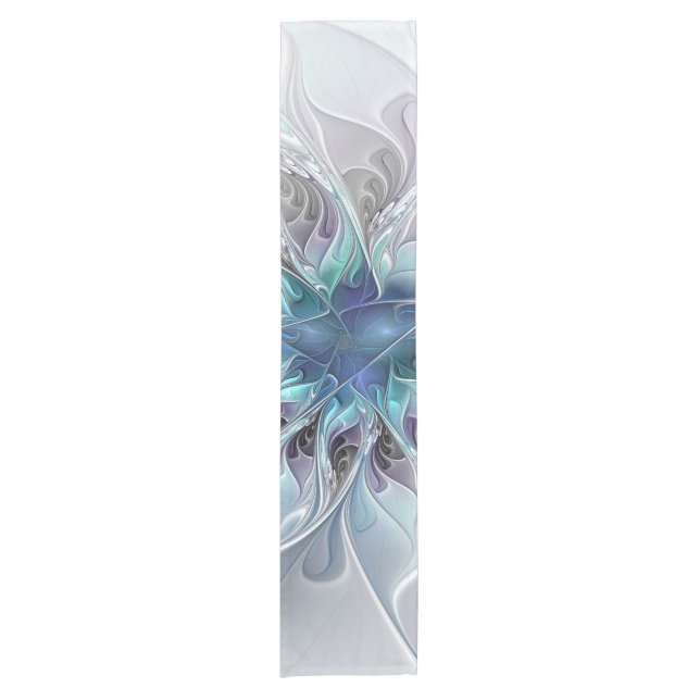 Flourish Abstract Modern Fractal Flower With Blue Short Table Runner (Front)