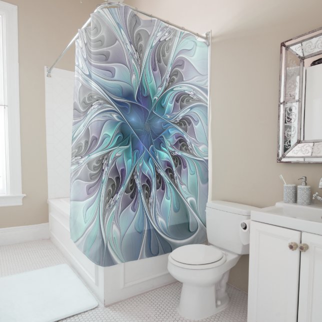 Flourish Abstract Modern Fractal Flower With Blue Shower Curtain (In Situ)