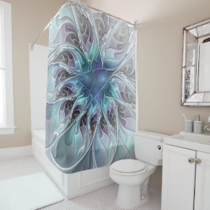 Flourish Abstract Modern Fractal Flower With Blue Shower Curtain