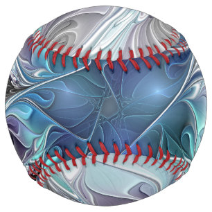 Flourish Abstract Modern Fractal Flower With Blue Softball