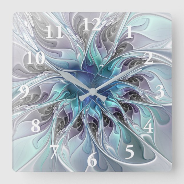 Flourish Abstract Modern Fractal Flower With Blue Square Wall Clock (Front)