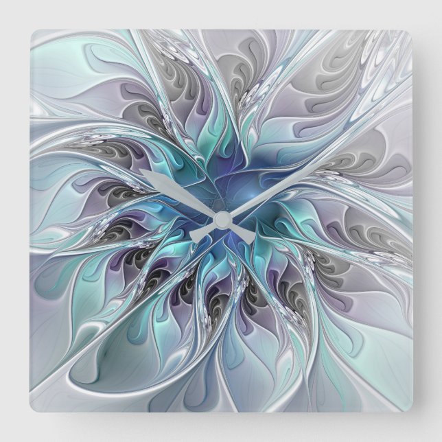 Flourish Abstract Modern Fractal Flower With Blue Square Wall Clock (Front)