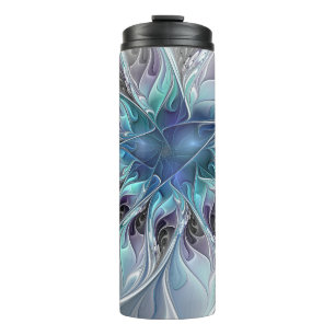 Flourish Abstract Modern Fractal Flower With Blue Thermal Tumbler