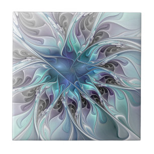 Flourish Abstract Modern Fractal Flower With Blue Tile