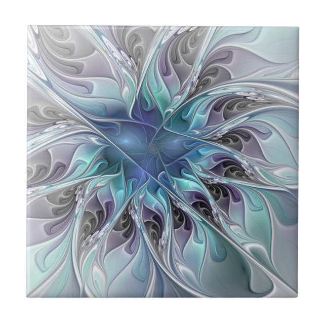 Flourish Abstract Modern Fractal Flower With Blue Tile (Front)