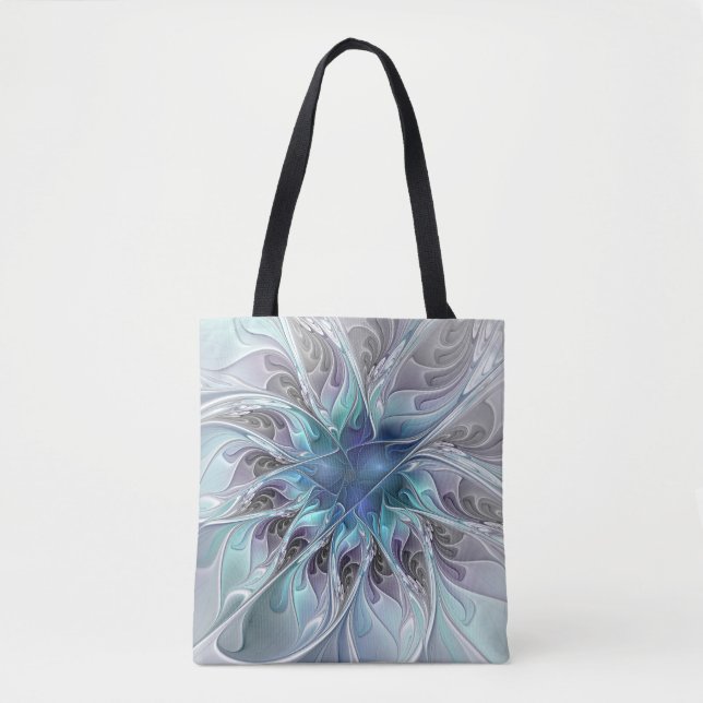 Flourish Abstract Modern Fractal Flower With Blue Tote Bag (Front)