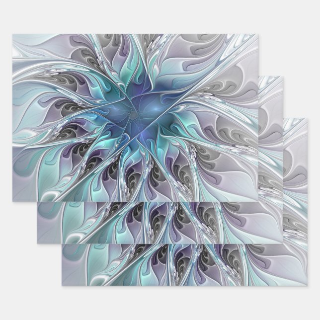 Flourish Abstract Modern Fractal Flower With Blue Wrapping Paper Sheet (Set)