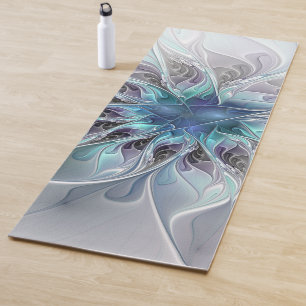 Flourish Abstract Modern Fractal Flower With Blue Yoga Mat