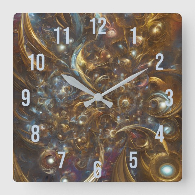 Flourish Abstract Modern Gold Fractal Flower Square Wall Clock (Front)