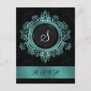 flourish aqua monogram elegant wedding RSVP