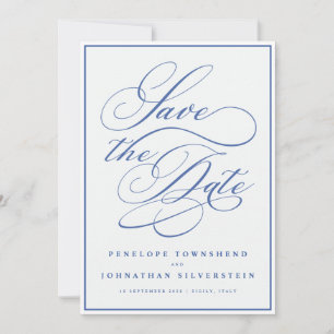 Flourish Calligraphy Minimal Blue White Wedding Save The Date