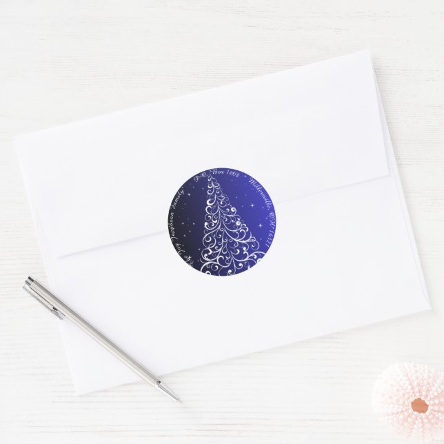 Flourish Christmas Tree Blue Return Address Classic Round Sticker (Envelope)