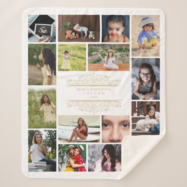 Flourish Collage 16 Photos Timeline Life XV Años Sherpa Blanket (Front)