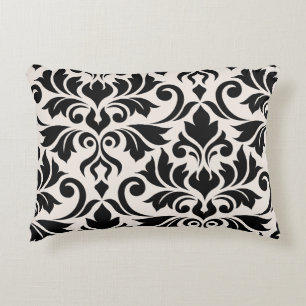 Flourish Damask Art I Black on Cream Decorative Cushion