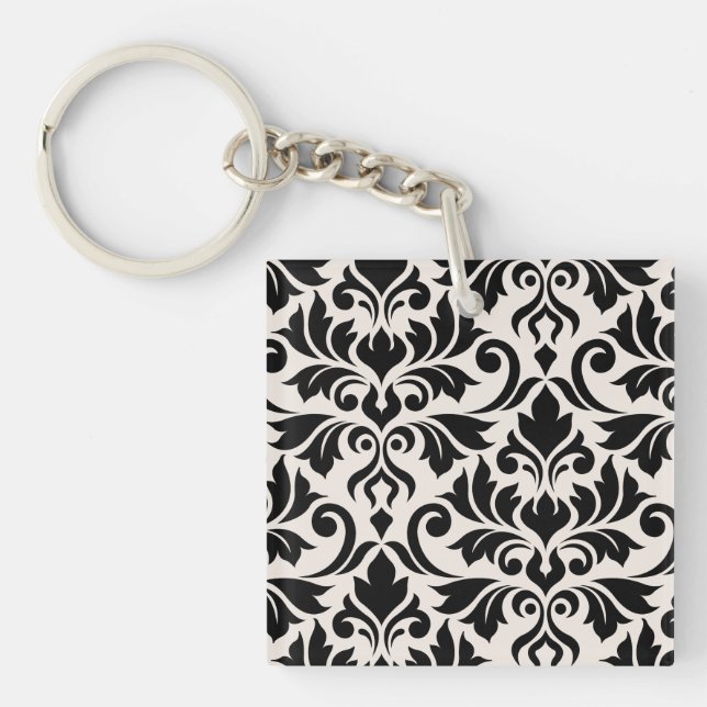 Flourish Damask Art I Black on Cream Key Ring (Front)