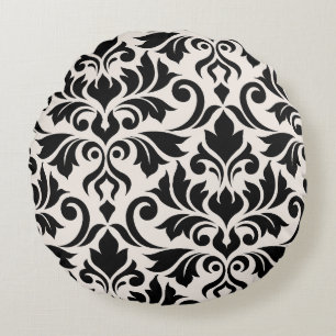 Flourish Damask Art I Black on Cream Round Cushion