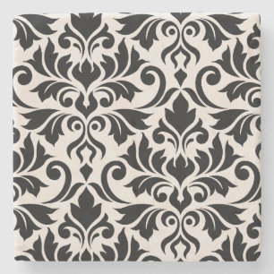 Flourish Damask Art I Black on Cream Stone Coaster