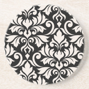 Flourish Damask Art I Cream on Black Coaster