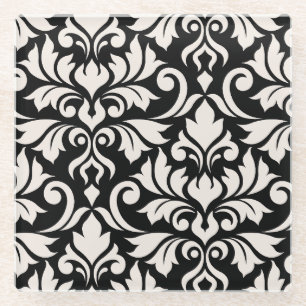 Flourish Damask Art I Cream on Black Glass Coaster