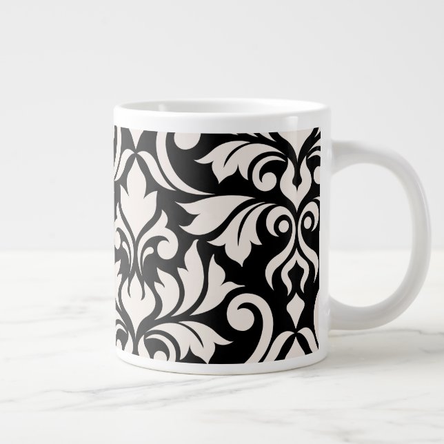 Flourish Damask Art I Cream on Black Large Coffee Mug (Right)