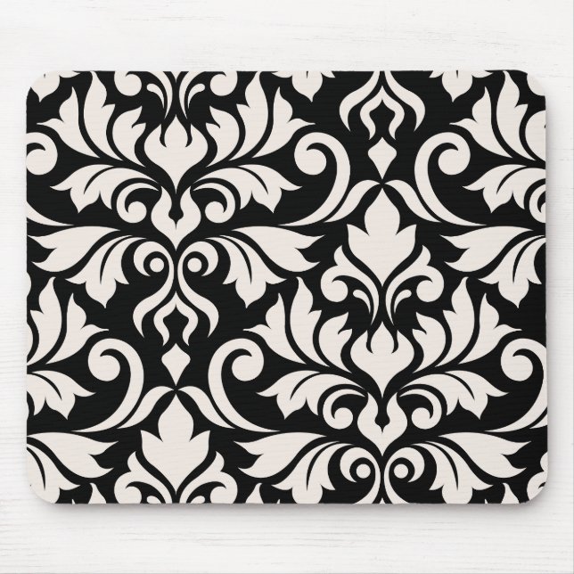 Flourish Damask Art I Cream on Black Mouse Mat (Front)