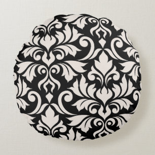 Flourish Damask Art I Cream on Black Round Cushion