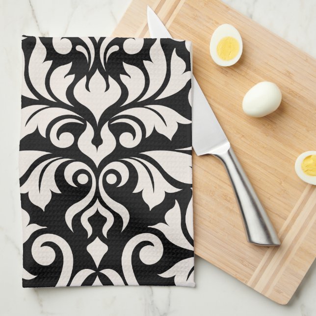 Flourish Damask Art I Cream on Black Tea Towel (Quarter Fold)