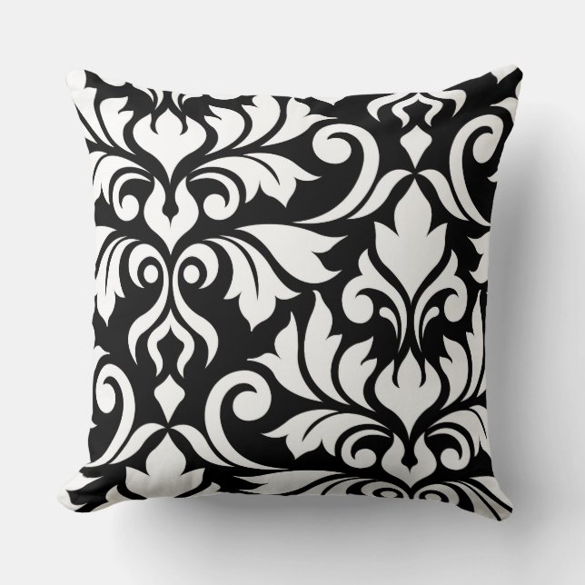 Flourish Damask Art I White on Black Cushion (Front)