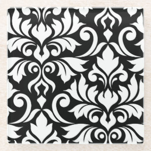 Flourish Damask Art I White on Black Glass Coaster