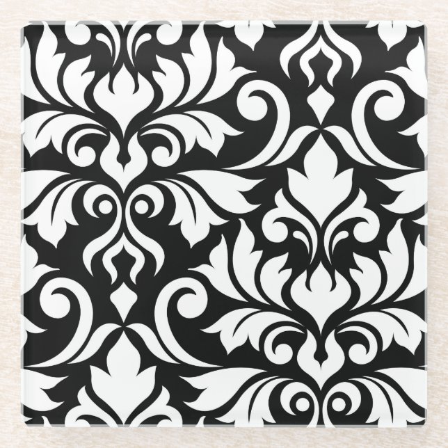 Flourish Damask Art I White on Black Glass Coaster (Front)