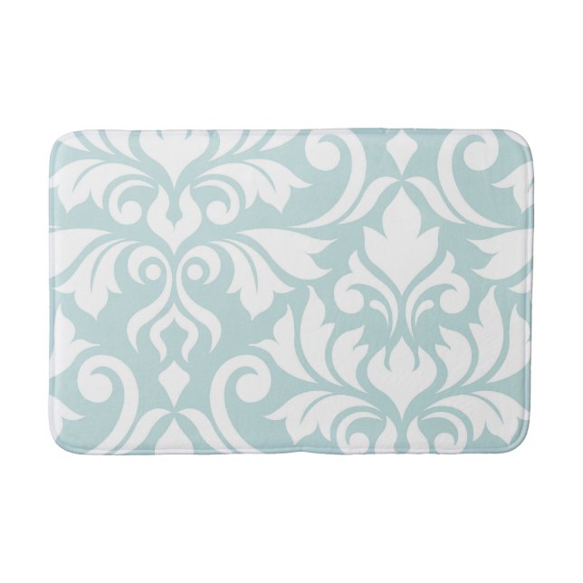 Flourish Damask Art I White on Duck Egg Blue Bath Mat (Front)