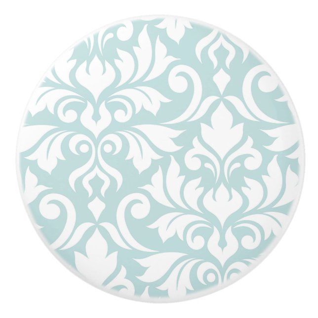 Flourish Damask Art I White on Duck Egg Blue Ceramic Knob (Front)