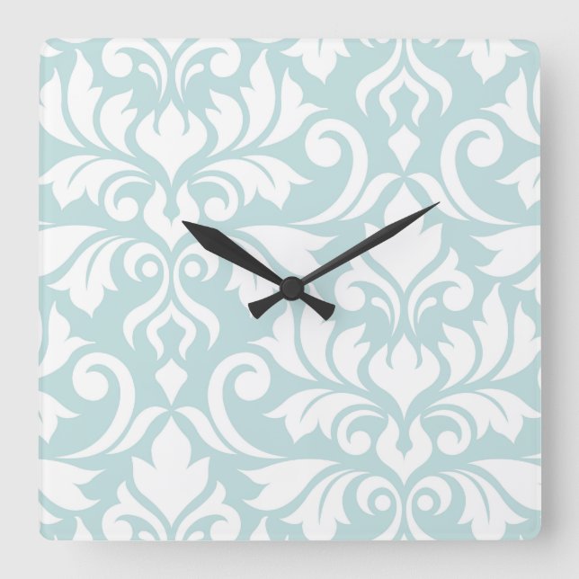 Flourish Damask Art I White on Duck Egg Blue Square Wall Clock (Front)