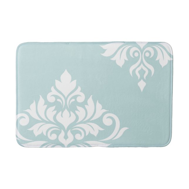 Flourish Damask Art II White on Duck Egg Blue Bath Mat (Front)