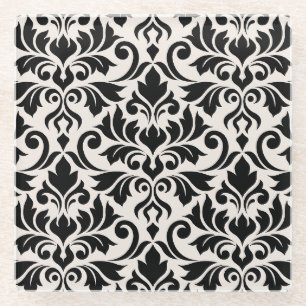 Flourish Damask Lg Pattern Black on Cream Glass Coaster
