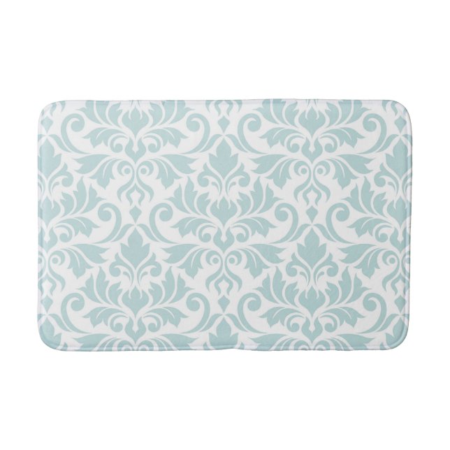 Flourish Damask Lg Pattern Duck Egg Blue on White Bath Mat (Front)