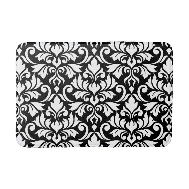 Flourish Damask Lg Pattern White on Black Bath Mat (Front)